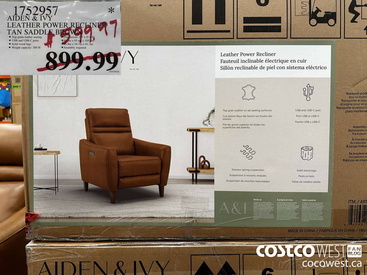 1752957 AIDEN & IVY LEATHER POWER RECLINER TAN SADDLE BROWN $599.97