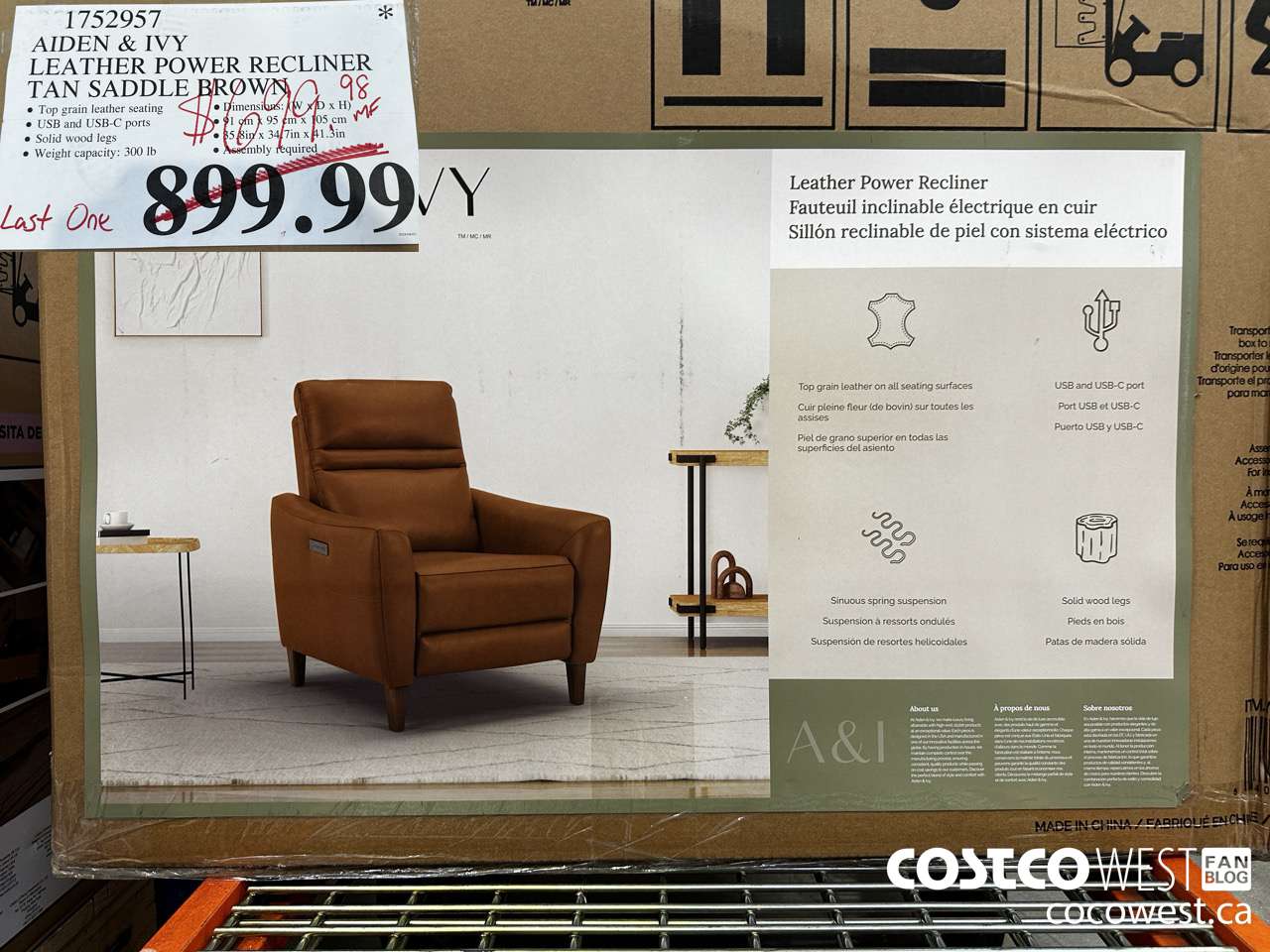 1752957 AIDEN & IVY LEATHER POWER RECLINER TAN SADDLE BROWN $699.9