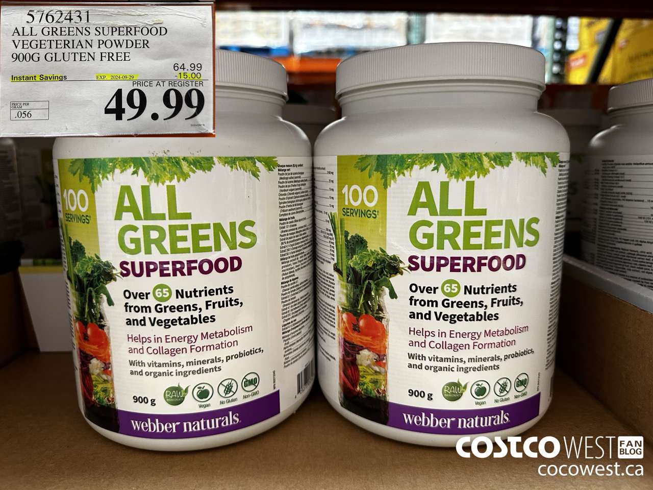 5762431 ALL GREENS SUPERFOOD VEGETERIAN POWDER 900G GLUTEN FREE ($15.00 INSTANT SAVINGS EXPIRES ON 2024-09-29) $49.99