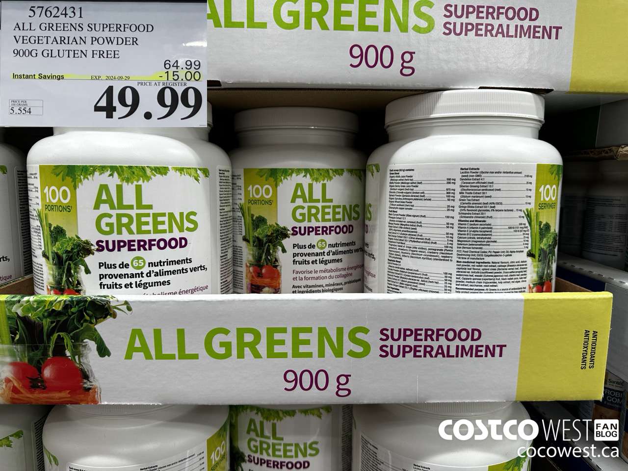 5762431 ALL GREENS SUPERFOOD VEGETERIAN POWDER 900G GLUTEN FREE ($15.00 INSTANT SAVINGS EXPIRES ON 2024-09-29) $49.99