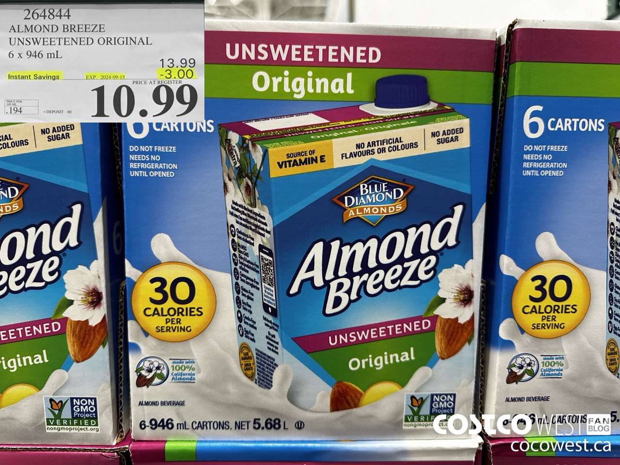 264844 ALMOND BREEZE UNSWEETENED ORIGINAL 6 X 946 ML ($3.00 INSTANT SAVINGS EXPIRES ON 2024-09-15) $10.99