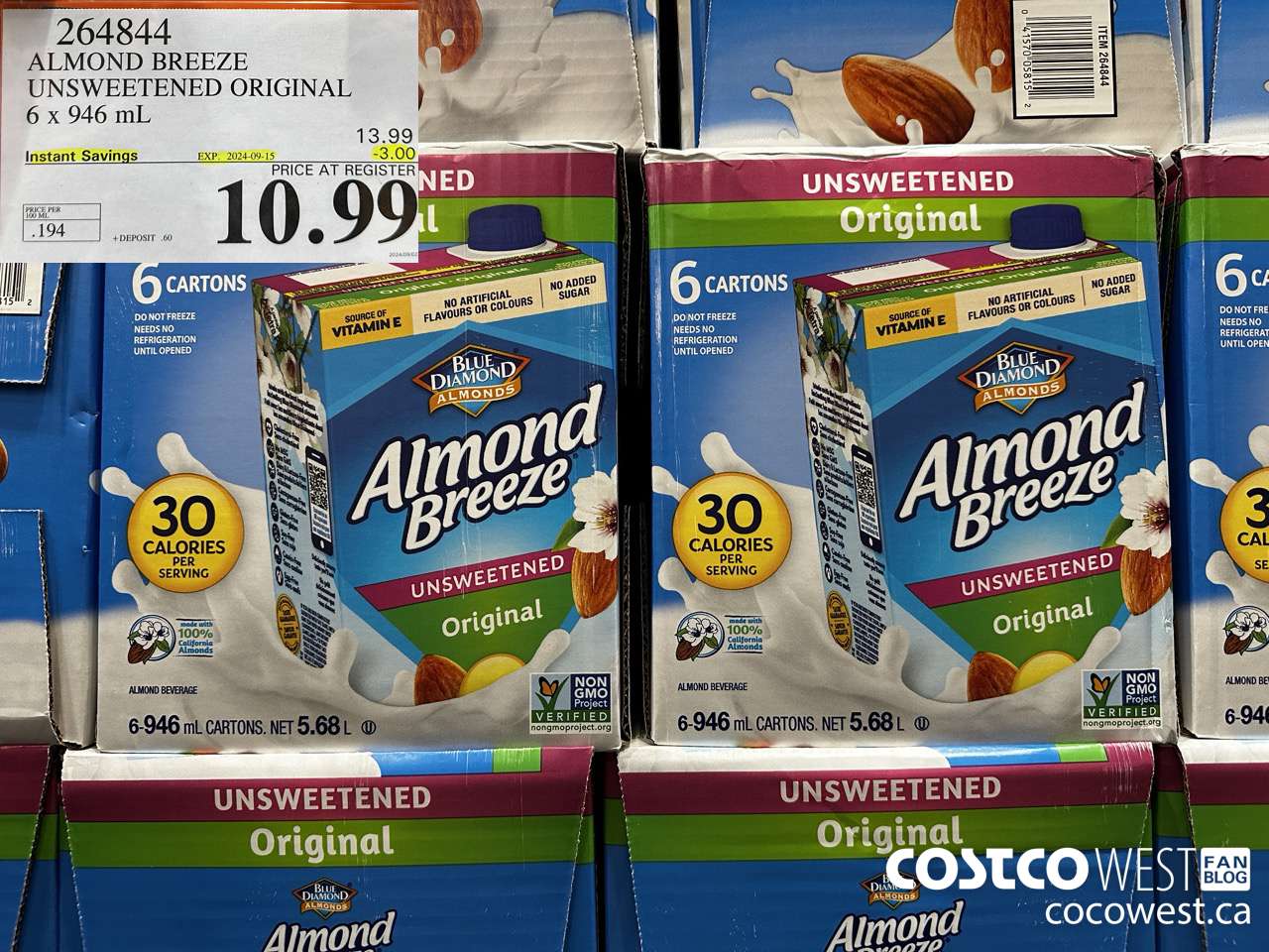 264844 ALMOND BREEZE UNSWEETENED ORIGINAL 6 X 946 ML ($3.00 INSTANT SAVINGS EXPIRES ON 2024-09-15) $10.99