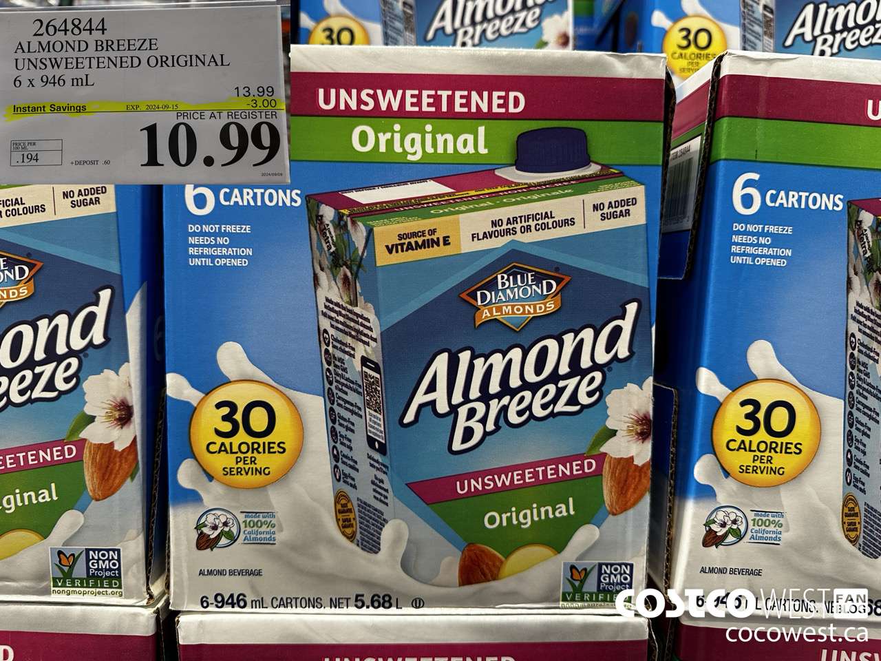 264844 ALMOND BREEZE UNSWEETENED ORIGINAL 6 X 946 ML ($3.00 INSTANT SAVINGS EXPIRES ON 2024-09-15) $10.99