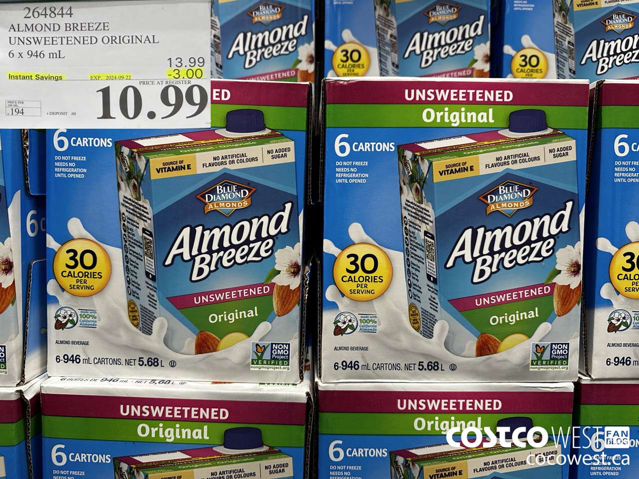 264844 ALMOND BREEZE UNSWEETENED ORIGINAL 6 X 946 ML ($3.00 INSTANT SAVINGS EXPIRES ON 2024-09-22) $10.99