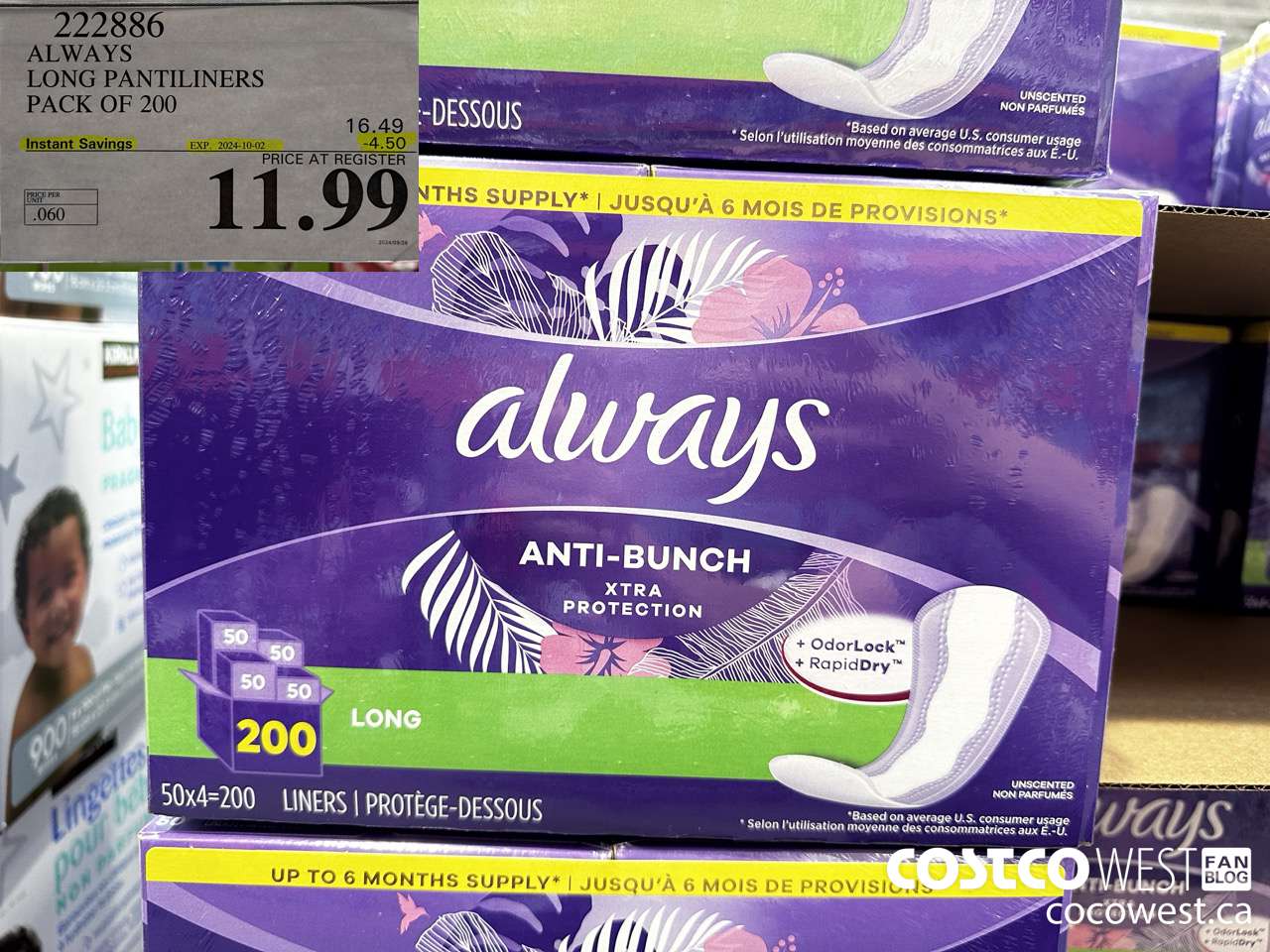 222886 ALWAYS DRI-LINERS LONG PANTILINERS PACK OF 200 ($4.50 INSTANT SAVINGS EXPIRES ON 2024-10-02) $11.99