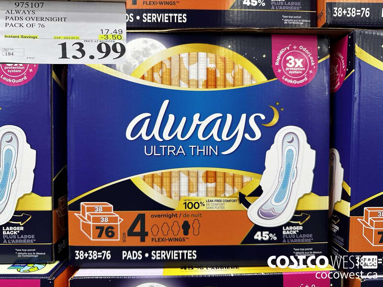 975107 ALWAYS ULTRA THIN PADS OVERNIGHT BOX OF 76 ($3.50 INSTANT SAVINGS EXPIRES ON 2024-09-15) $13.99