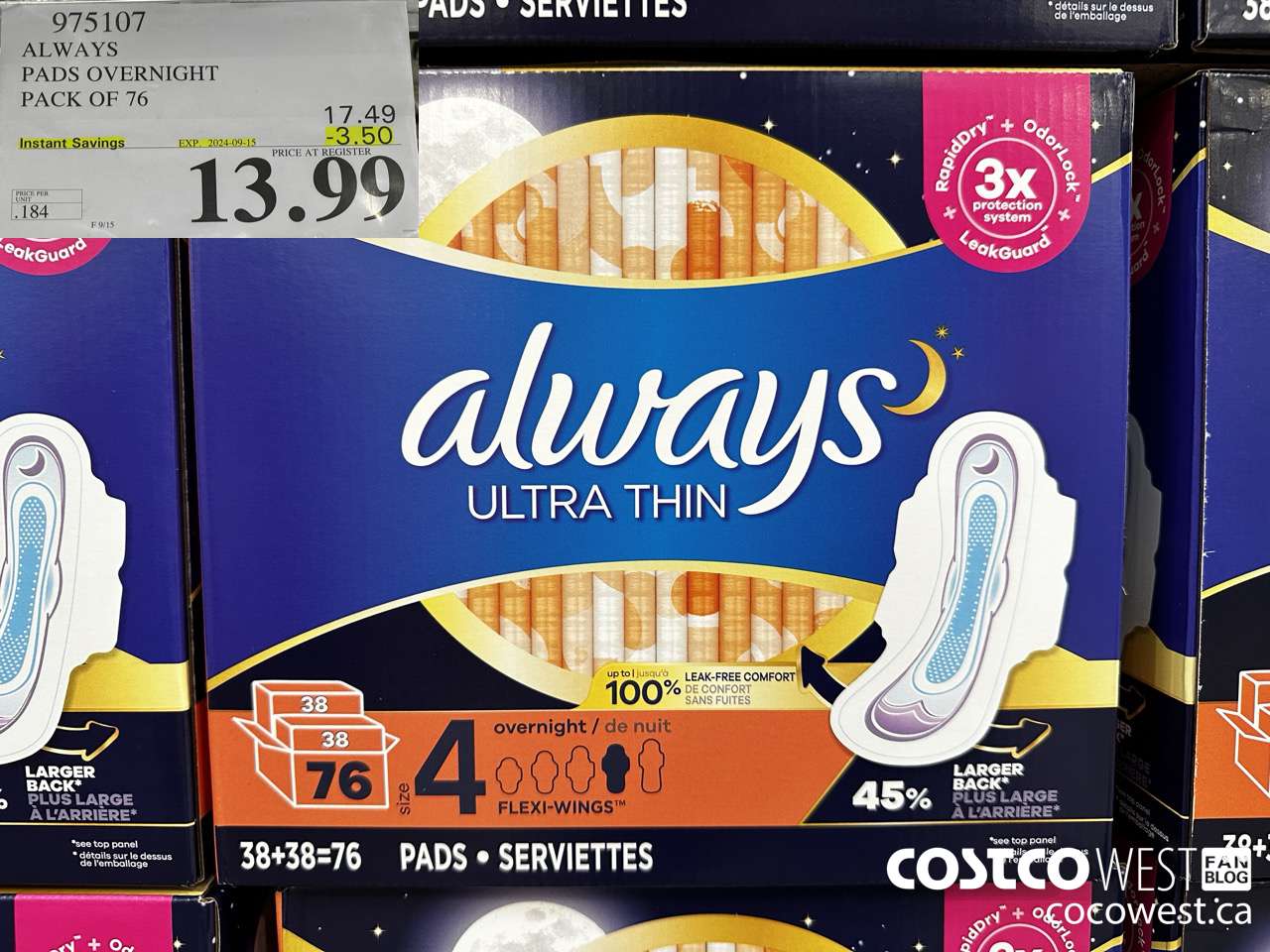 975107 ALWAYS ULTRA THIN PADS OVERNIGHT BOX OF 76 ($3.50 INSTANT SAVINGS EXPIRES ON 2024-09-15) $13.99