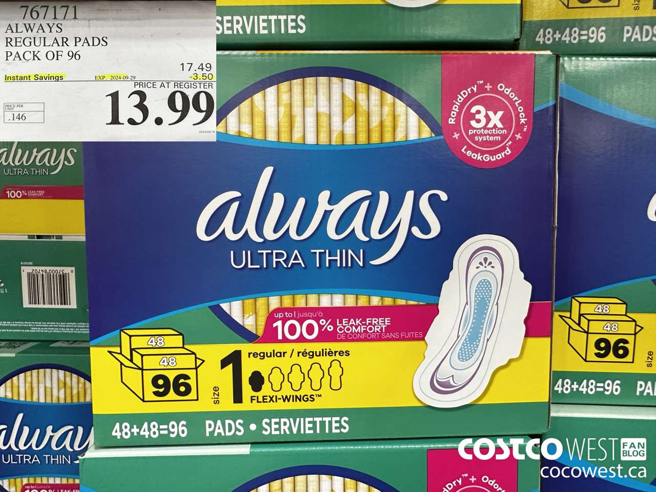 767171 ALWAYS ULTRA THIN PADS REGULAR 96CT ($3.50 INSTANT SAVINGS EXPIRES ON 2024-09-29) $13.99