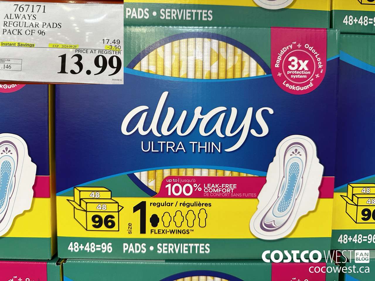767171 ALWAYS ULTRA THIN PADS REGULAR 96CT ($3.50 INSTANT SAVINGS EXPIRES ON 2024-09-29) $13.99