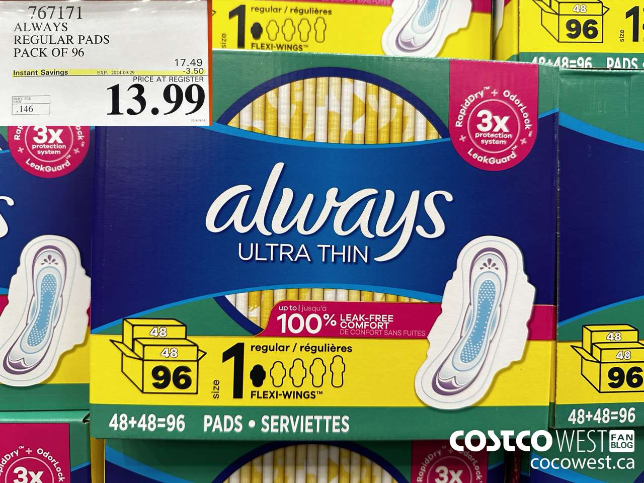 767171 ALWAYS ULTRA THIN PADS REGULAR 96CT ($3.50 INSTANT SAVINGS EXPIRES ON 2024-09-29) $13.99