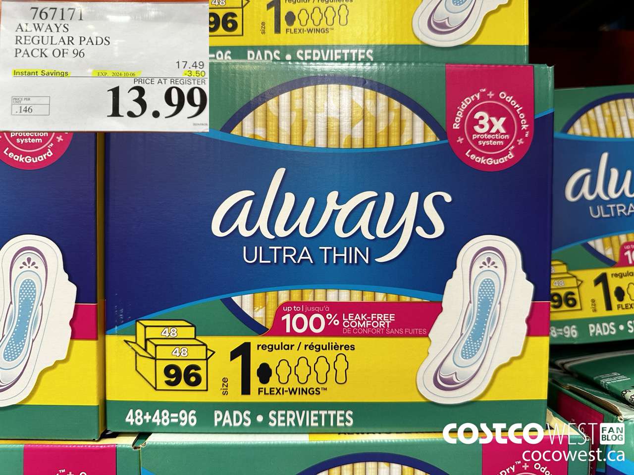 767171 ALWAYS ULTRA THIN PADS REGULAR 96CT ($3.50 INSTANT SAVINGS EXPIRES ON 2024-10-06) $13.99