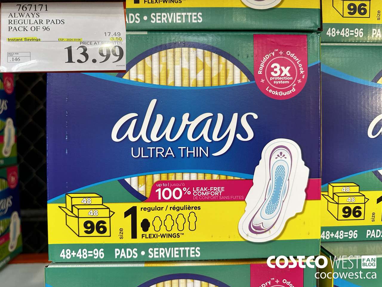 767171 ALWAYS ULTRA THIN PADS REGULAR 96CT ($3.50 INSTANT SAVINGS EXPIRES ON 2024-10-06) $13.99