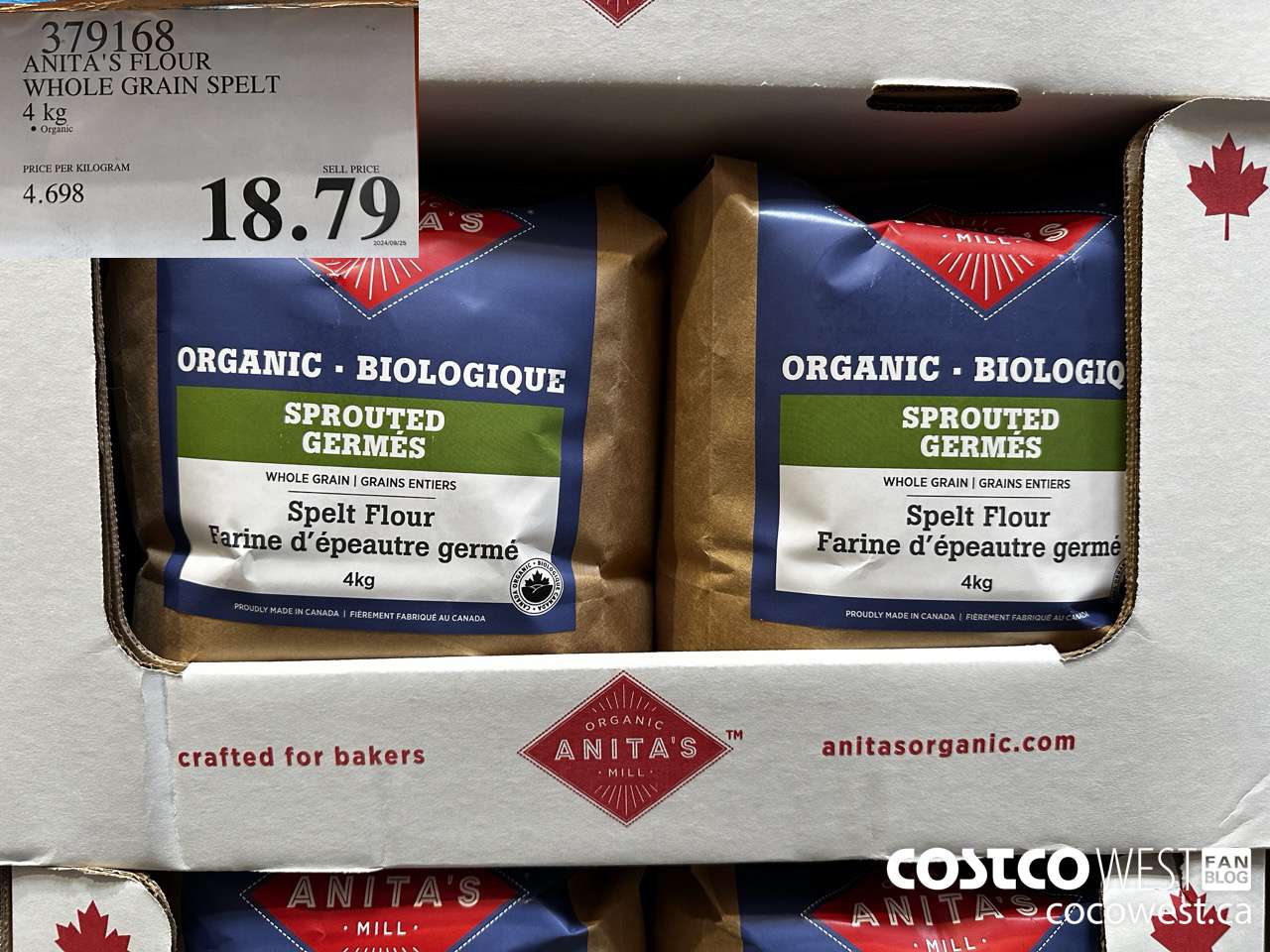 379168 ANITA'S ORGANIC WHOLE GRAIN SPELT FLOUR 4 kg $18.79