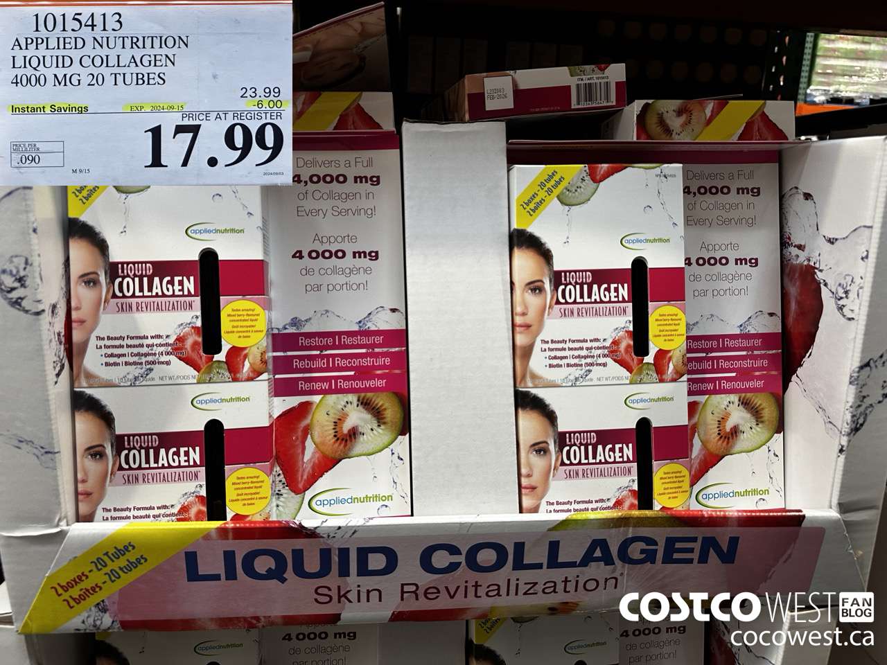 1015413 APPLIED NUTRITION LIQUID COLLAGEN 4000 MG 20 TUBES ($6.00 INSTANT SAVINGS EXPIRES ON 2024-09-15) $17.99
