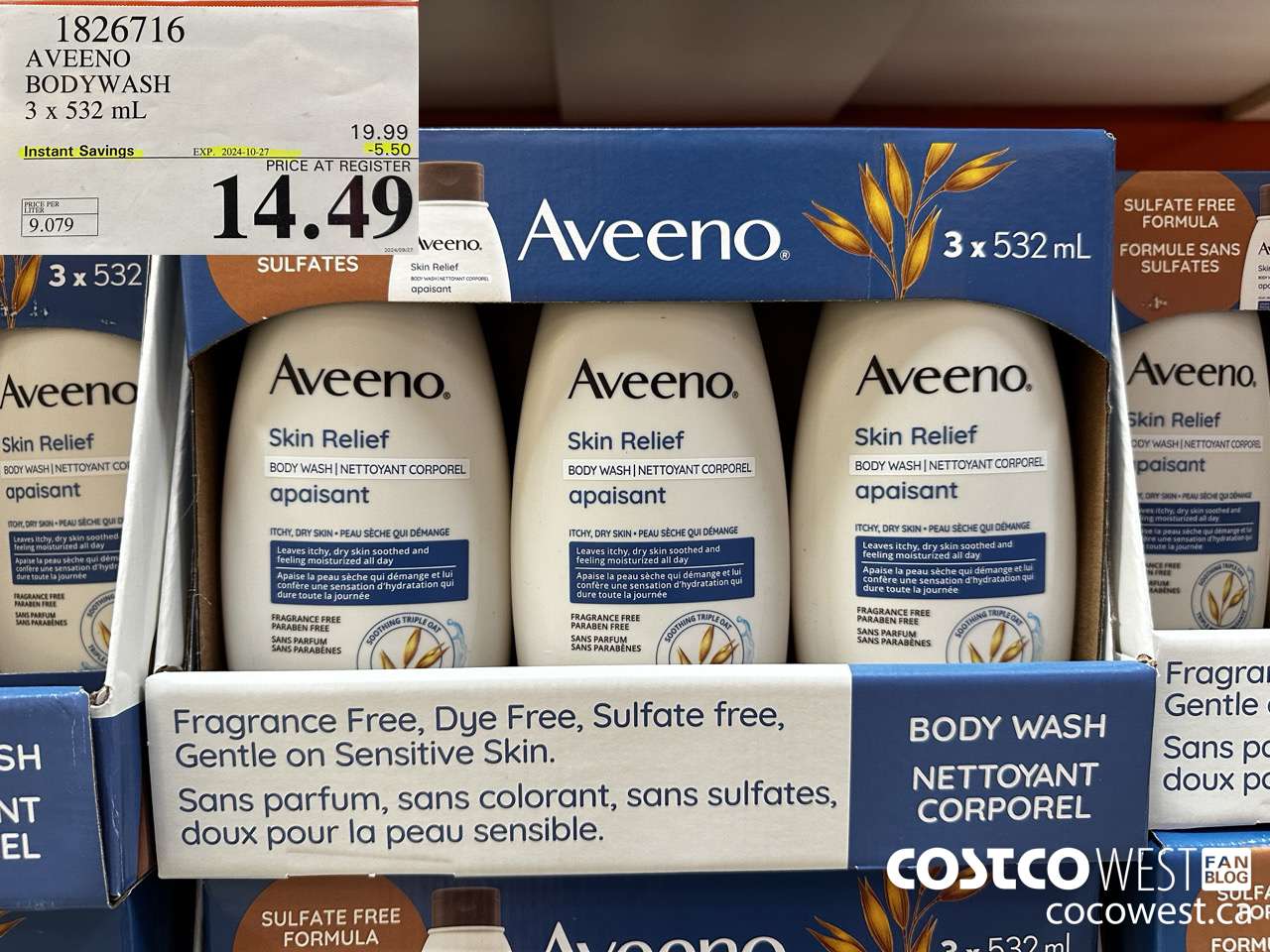 1826716 AVEENO BODYWASH 3 X 532ML ($5.50 INSTANT SAVINGS EXPIRES ON 2024-10-27) $14.49