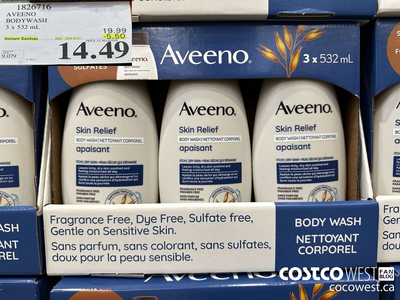 1826716 AVEENO BODYWASH 3 X 532ML ($5.50 INSTANT SAVINGS EXPIRES ON 2024-10-27) $14.49