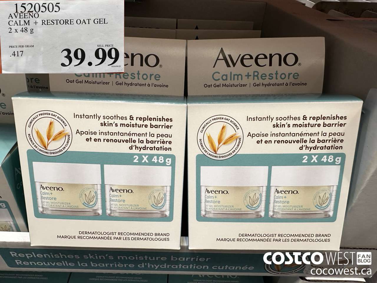 1520505 AVEENO CALM + RESTORE OAT GEL MOISTURIZER 2x48 g  $39.99