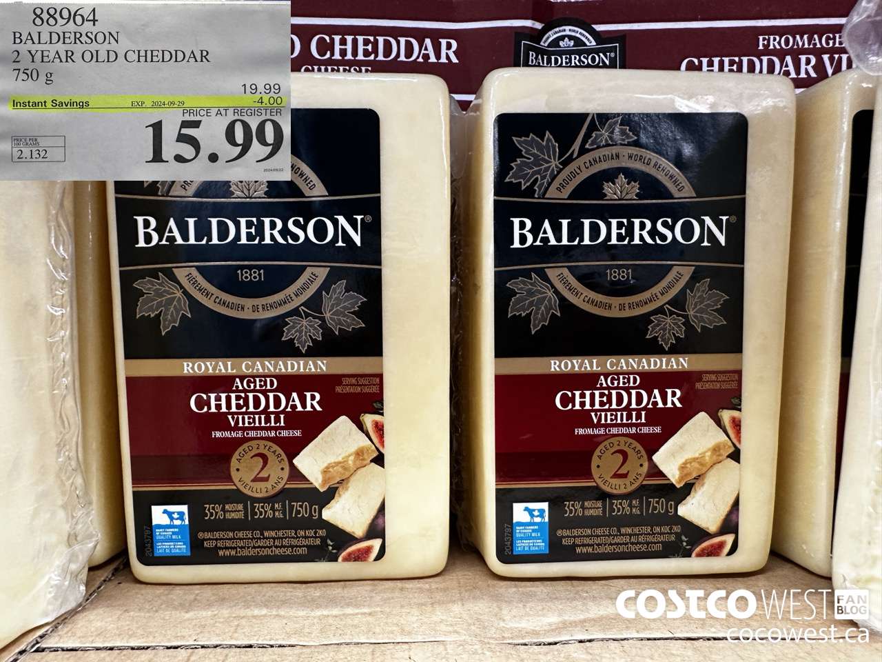 88964 BALDERSON 2 YEAR OLD CHEDDAR 750 g ($4.00 INSTANT SAVINGS EXPIRES ON 2024-09-29) $15.99