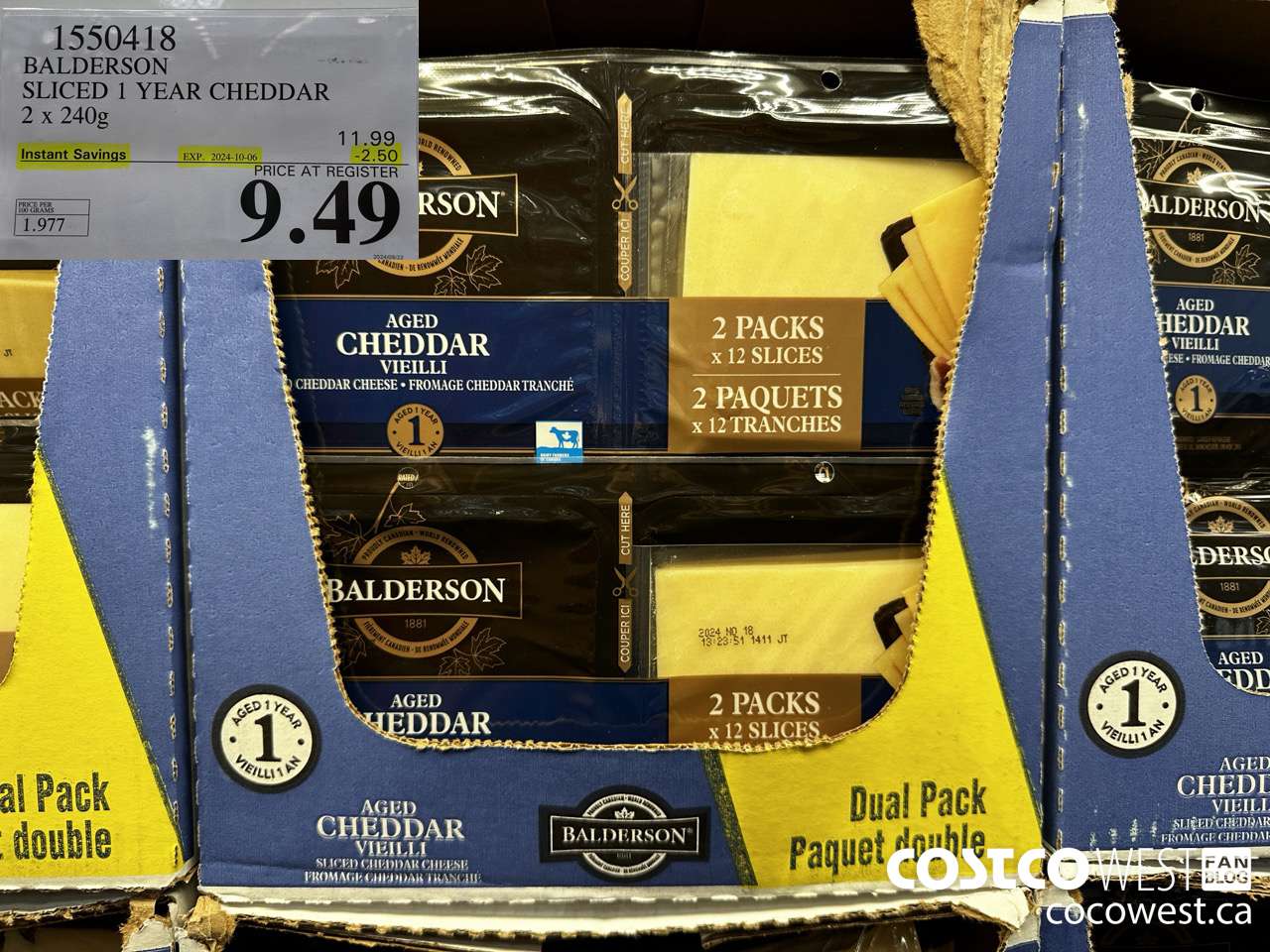 1550418 BALDERSON SLICED 1 YEAR CHEDDAR 2 X 240 G ($2.50 INSTANT SAVINGS EXPIRES ON 2024-10-06) $9.49