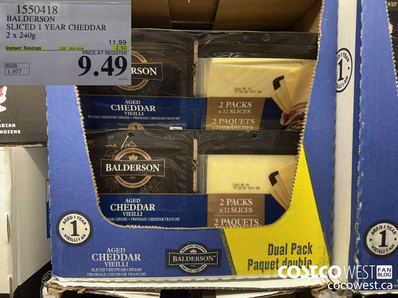 1550418 BALDERSON SLICED 1 YEAR CHEDDAR 2 X 240 G ($2.50 INSTANT SAVINGS EXPIRES ON 2024-10-06) $9.49