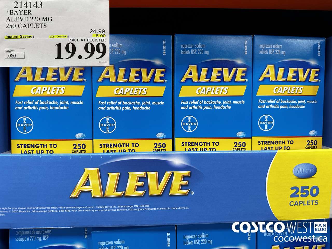 214143 BAYER ALEVE 220 MG 250 CAPLETS ($5.00 INSTANT SAVINGS EXPIRES ON 2024-09-15) $19.99