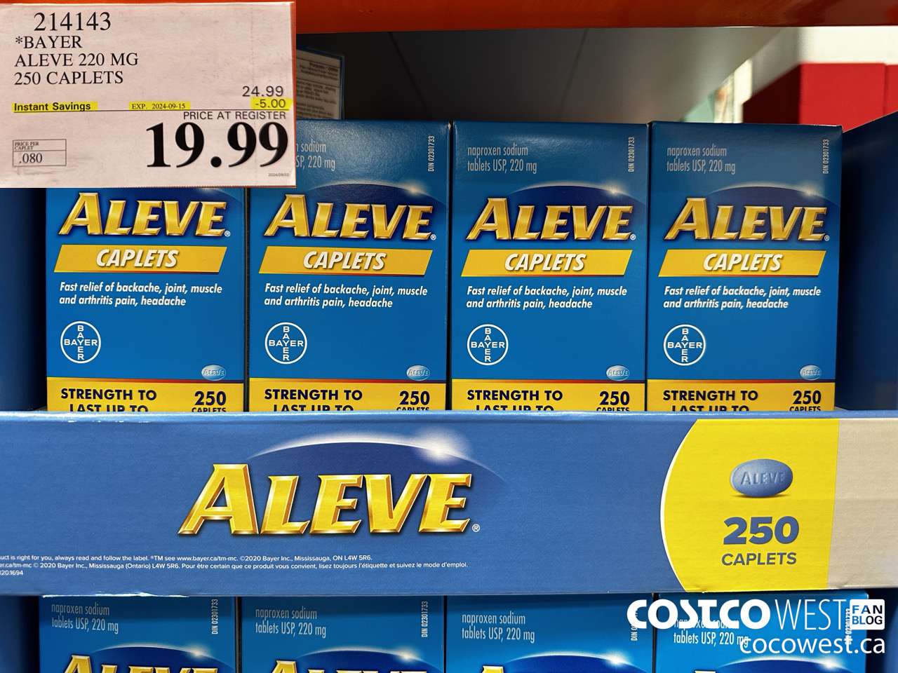 214143 BAYER ALEVE 220 MG 250 CAPLETS ($5.00 INSTANT SAVINGS EXPIRES ON 2024-09-15) $19.99