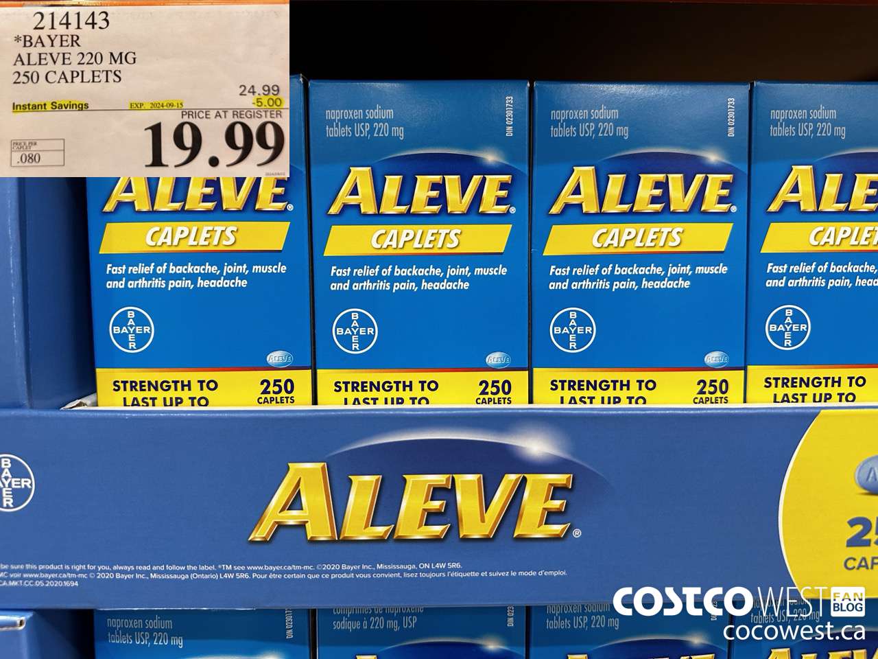 214143 BAYER ALEVE 220 MG 250 CAPLETS ($5.00 INSTANT SAVINGS EXPIRES ON 2024-09-15) $19.99