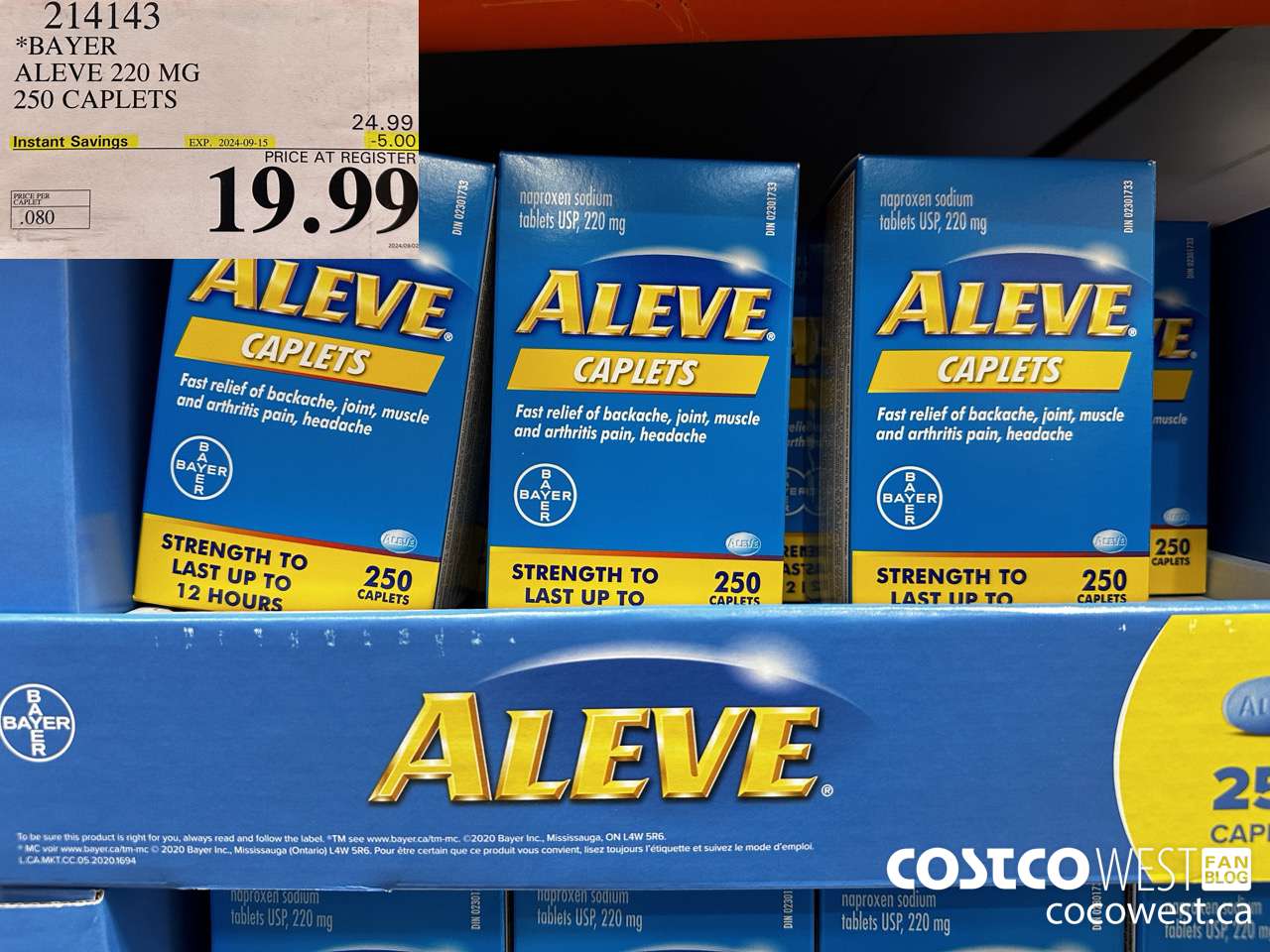 214143 BAYER ALEVE 220 MG 250 CAPLETS ($5.00 INSTANT SAVINGS EXPIRES ON 2024-09-15) $19.99