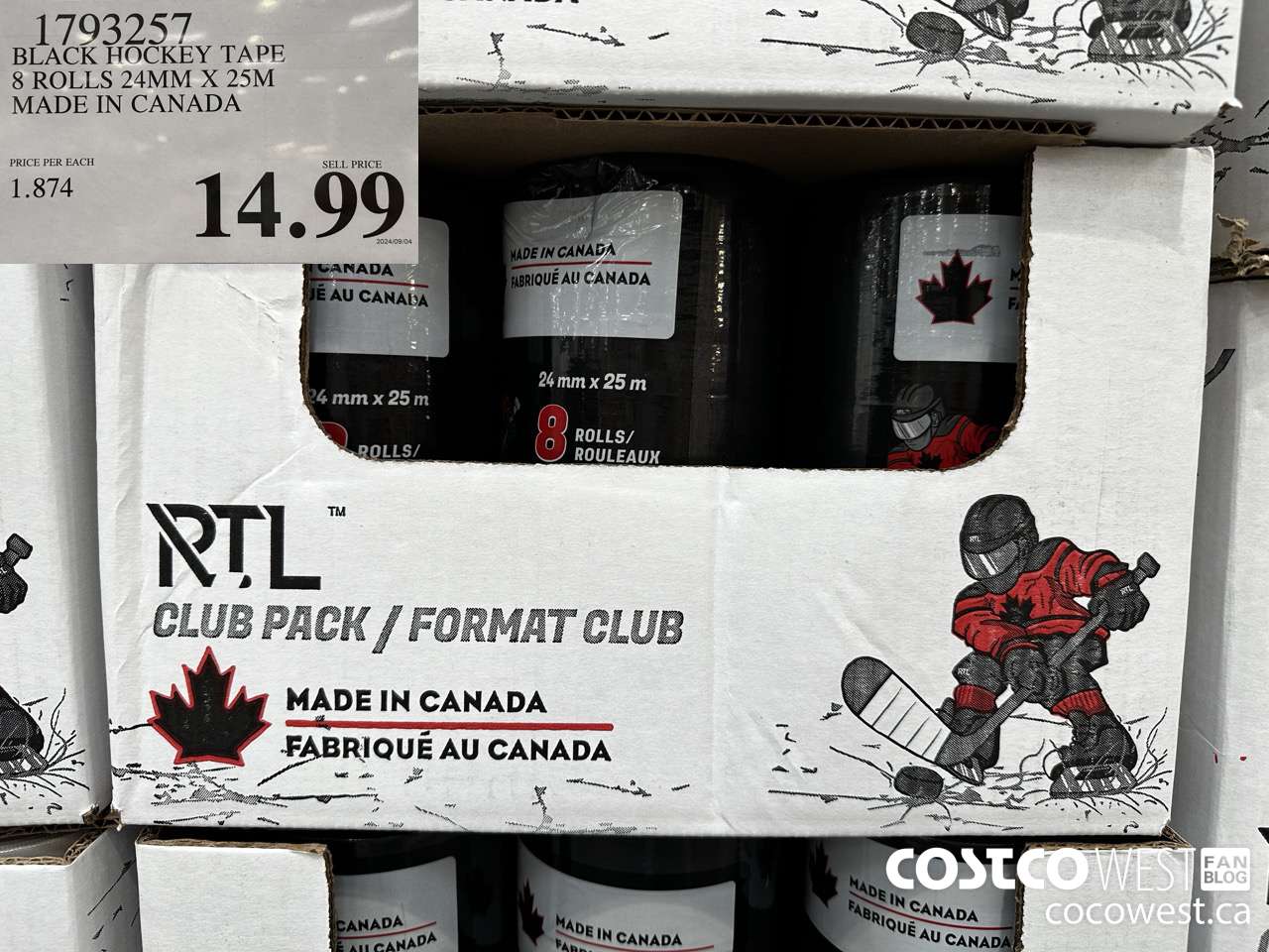 1793257 BLACK HOCKEY TAPE 8 ROLLS 24MM X 25M MADE IN CANADA $14.99