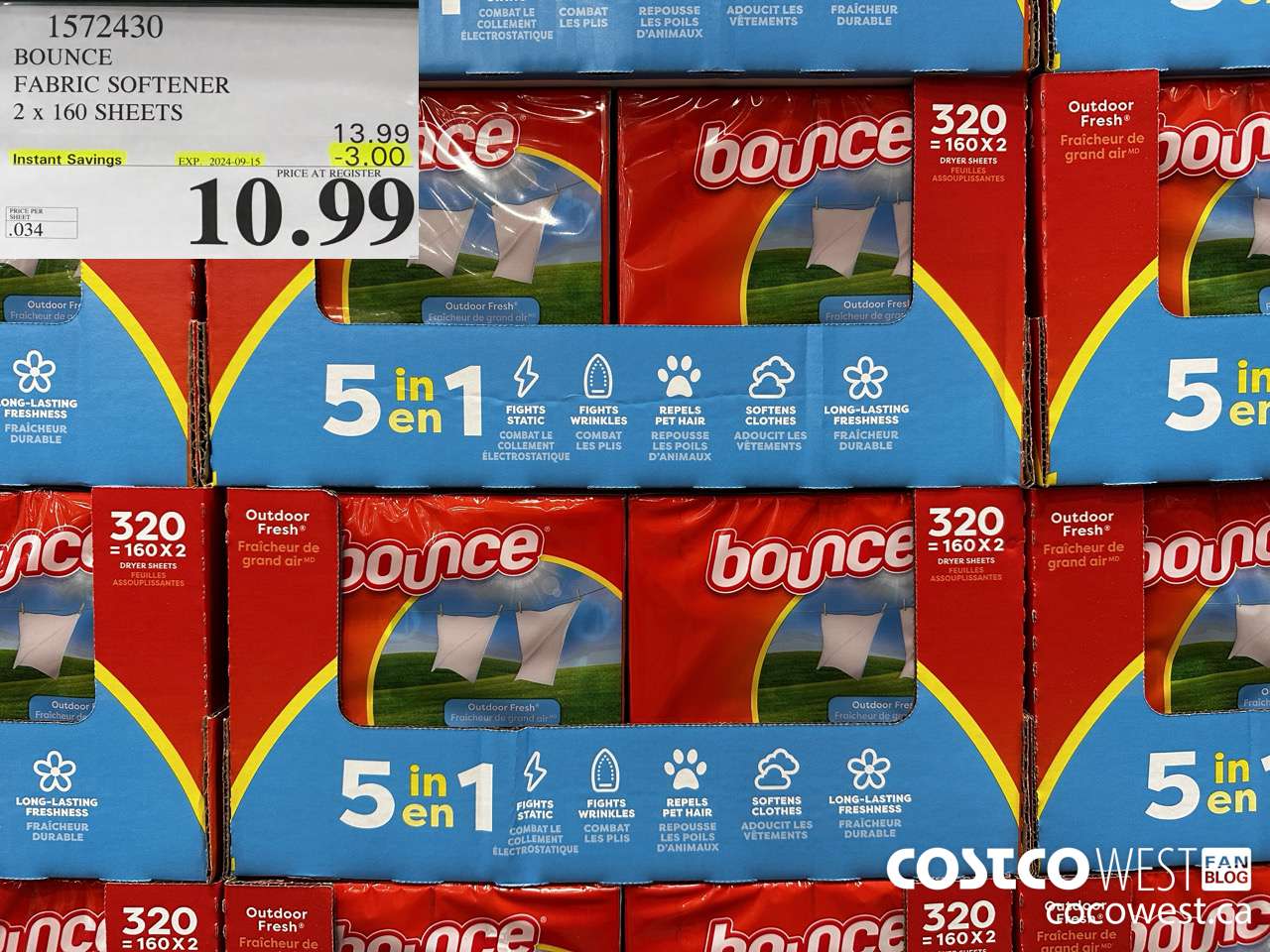 1572430 BOUNCE FABRIC SOFTENER 2 X 160 SHEETS ($3.00 INSTANT SAVINGS EXPIRES ON 2024-09-15) $10.99