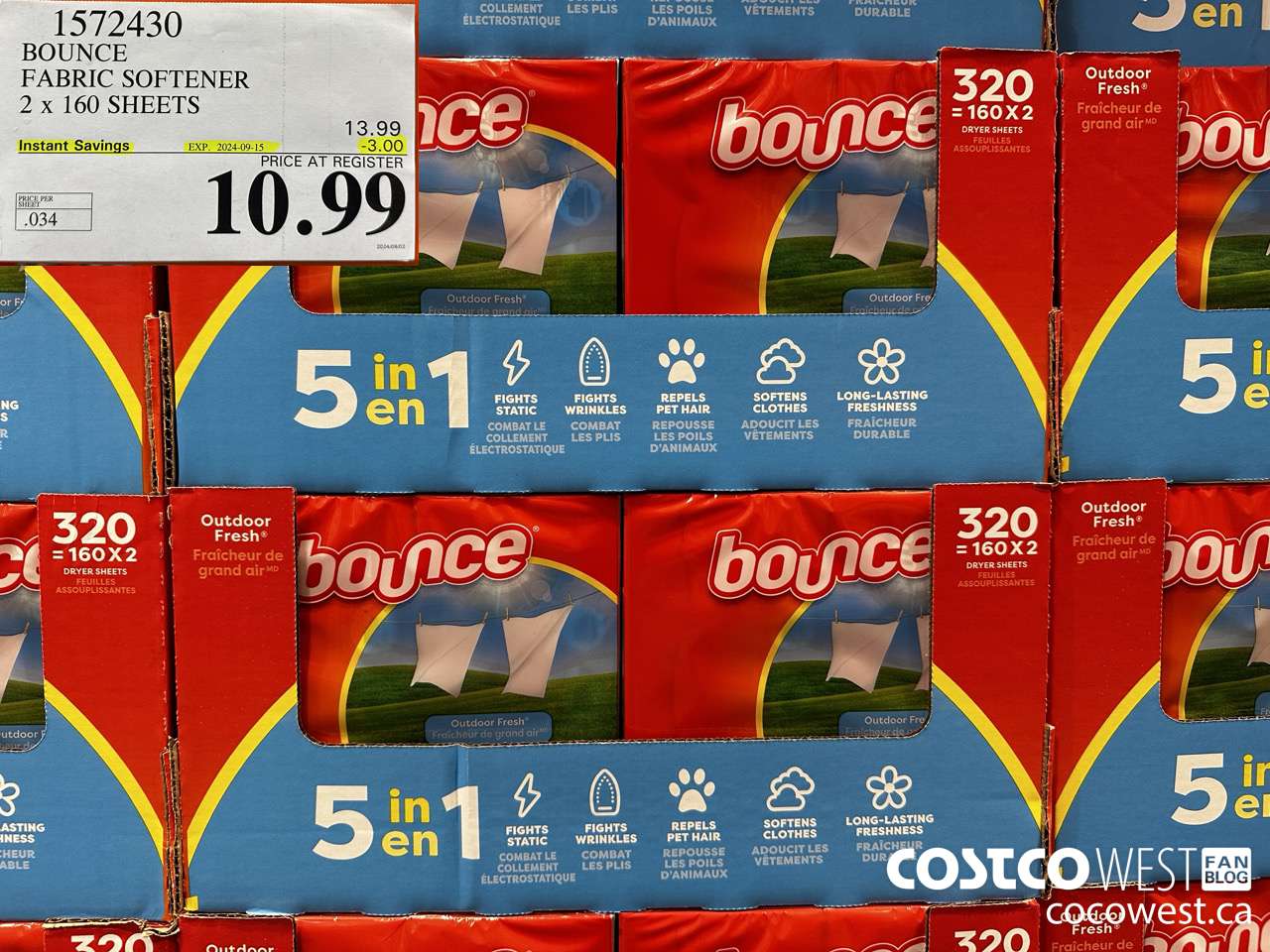 1572430 BOUNCE FABRIC SOFTENER 2 X 160 SHEETS ($3.00 INSTANT SAVINGS EXPIRES ON 2024-09-15) $10.99