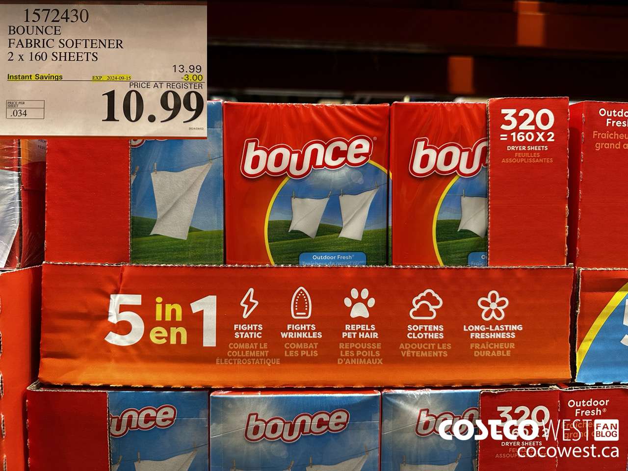 1572430 BOUNCE FABRIC SOFTENER 2 X 160 SHEETS ($3.00 INSTANT SAVINGS EXPIRES ON 2024-09-15) $10.99
