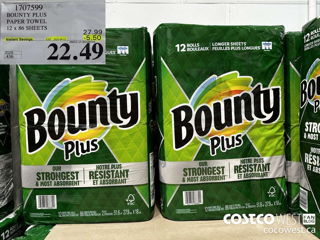 1707599 BOUNTY PLUS PAPER TOWEL 12 X 86 SHEETS ($5.50 INSTANT SAVINGS EXPIRES ON 2024-09-15) $22.49