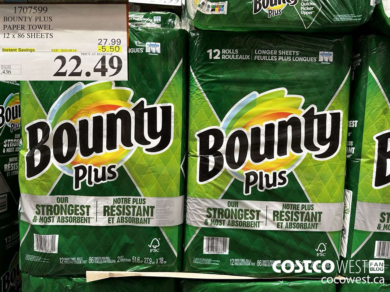 1707599 BOUNTY PLUS PAPER TOWEL 12 X 86 SHEETS ($5.50 INSTANT SAVINGS EXPIRES ON 2024-09-15) $22.49