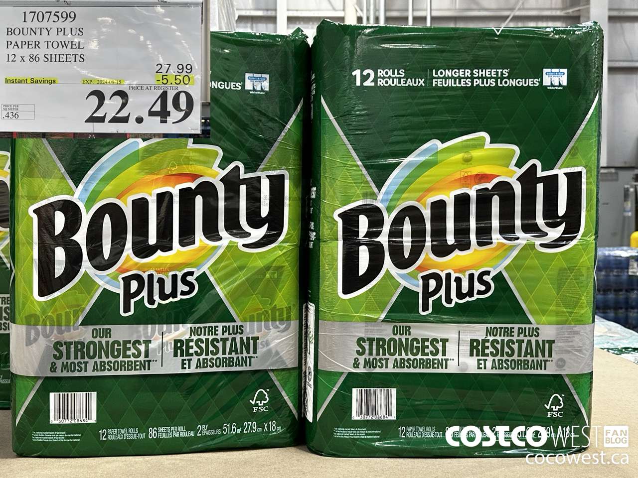 1707599 BOUNTY PLUS PAPER TOWEL 12 X 86 SHEETS ($5.50 INSTANT SAVINGS EXPIRES ON 2024-09-15) $22.49
