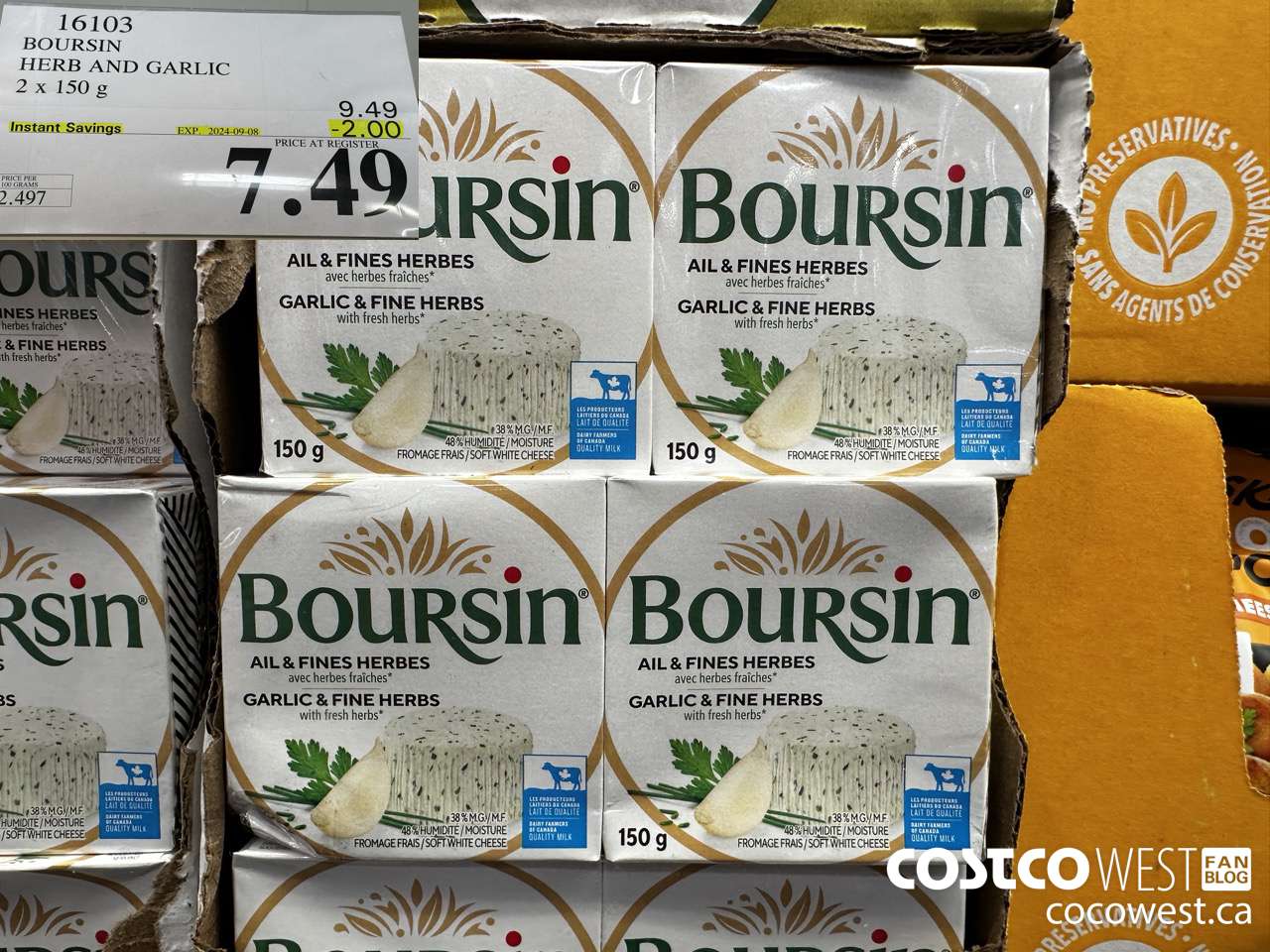 16103 BOURSIN HERB AND GARLIC 2 x 150 g ($2.00 INSTANT SAVINGS EXPIRES ON 2024-09-08) $7.49