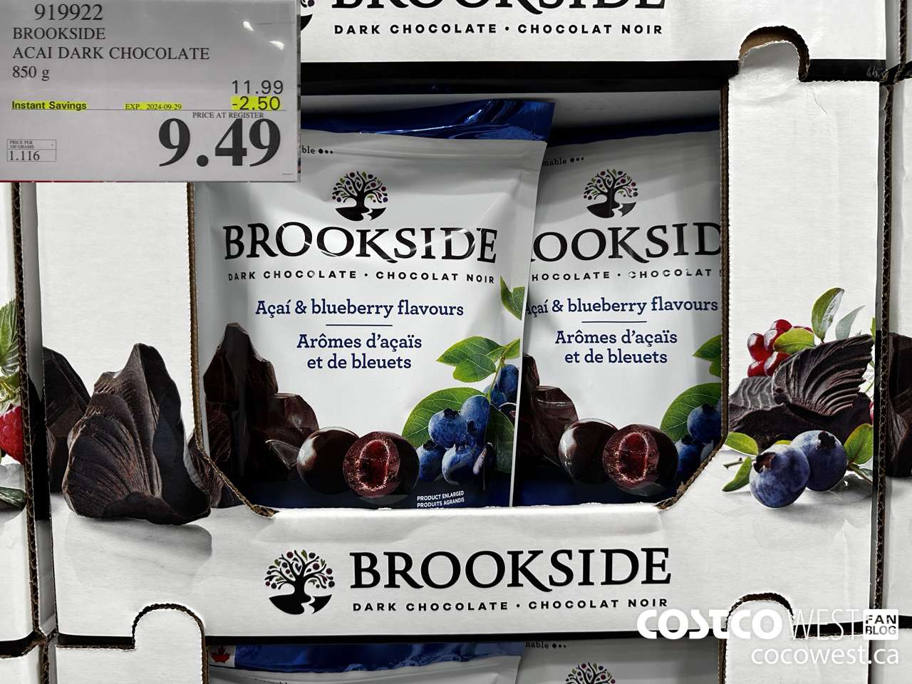 919922 BROOKSIDE ACAI DARK CHOCOLATE 850 g ($2.50 INSTANT SAVINGS EXPIRES ON 2024-09-29) $9.49