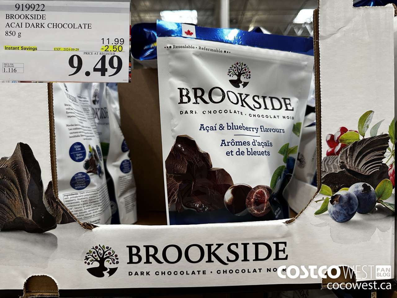 919922 BROOKSIDE ACAI DARK CHOCOLATE 850 g ($2.50 INSTANT SAVINGS EXPIRES ON 2024-09-29) $9.49