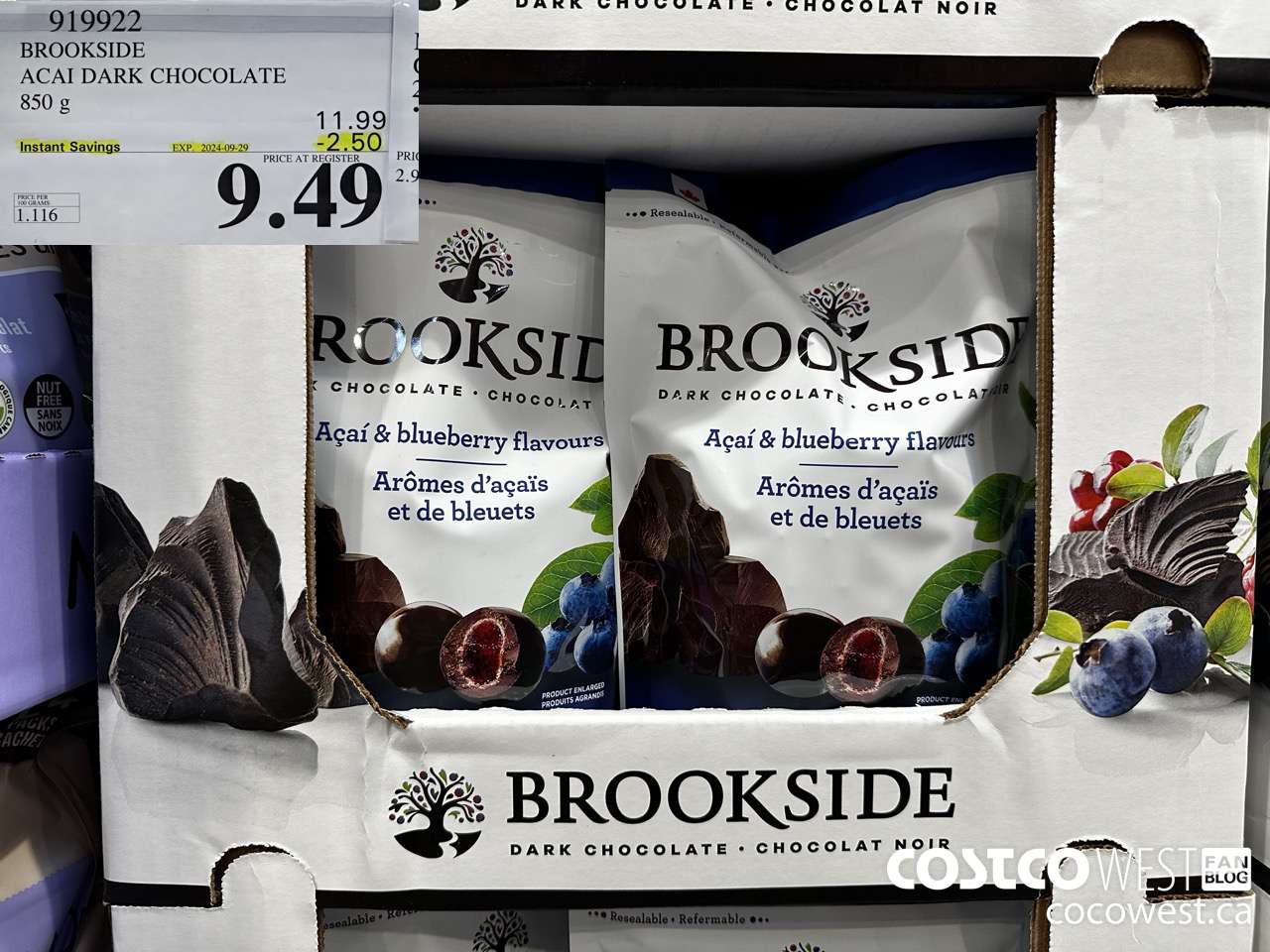 919922 BROOKSIDE ACAI DARK CHOCOLATE 850 g ($2.50 INSTANT SAVINGS EXPIRES ON 2024-09-29) $9.49