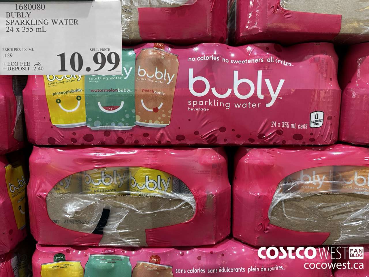 1680080 BUBLY SPARKLING WATER 24 X 355ML $10.99