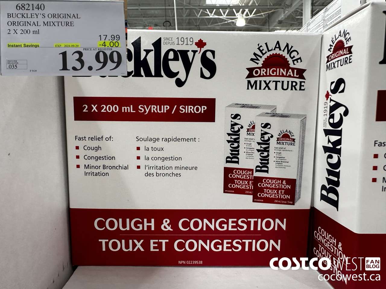 682140 BUCKLEY'S ORIGINAL MIXTURE 2 X 200ML ($4.00 INSTANT SAVINGS EXPIRES ON 2024-09-29) $13.99