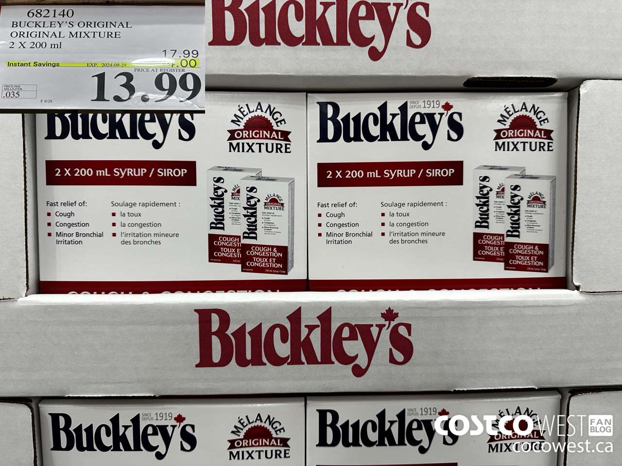 682140 BUCKLEY'S ORIGINAL MIXTURE 2 X 200ML ($4.00 INSTANT SAVINGS EXPIRES ON 2024-09-29) $13.99