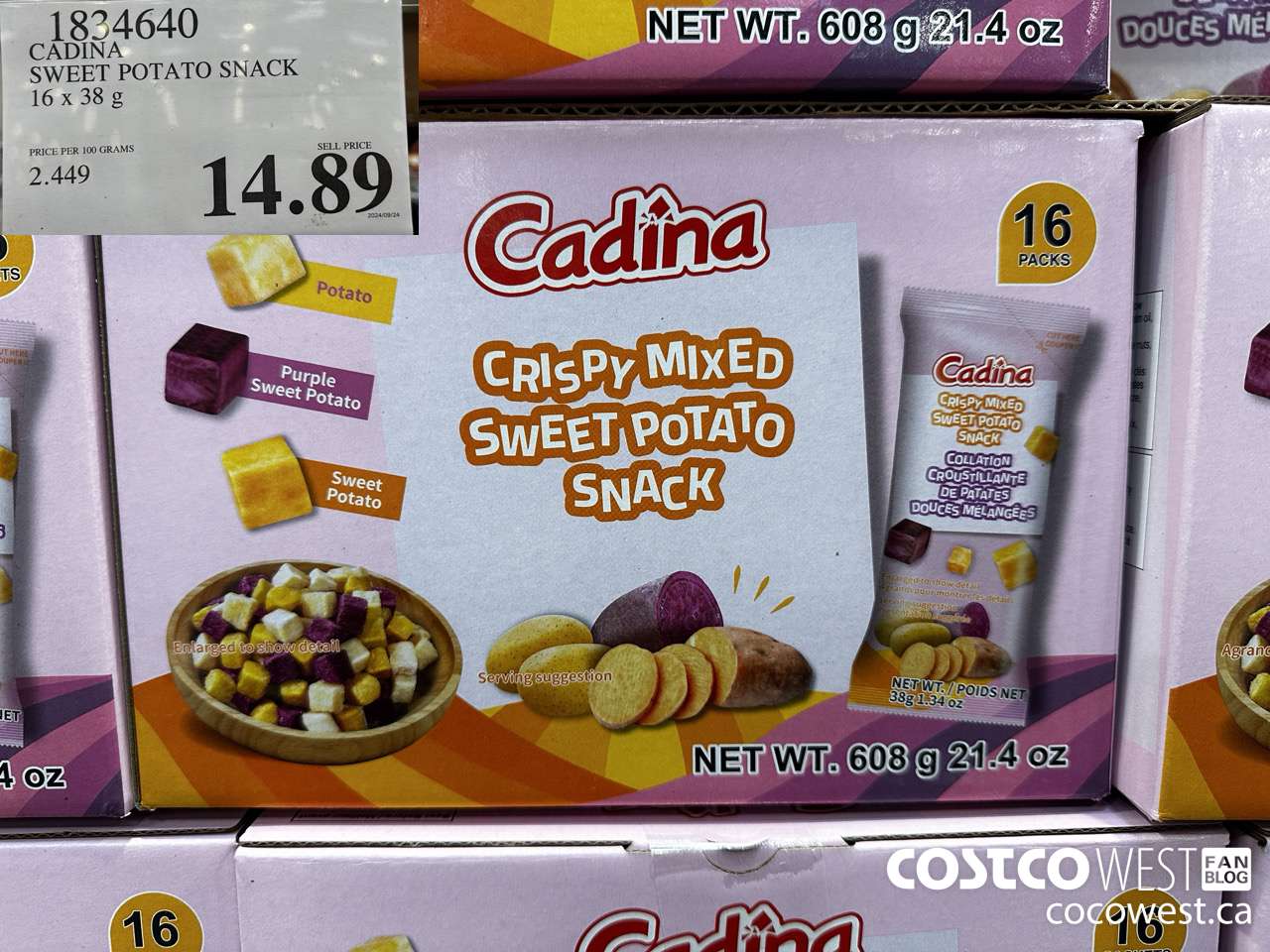 1834640 CADINA SWEET POTATO SNACK 16 X 38G $14.89