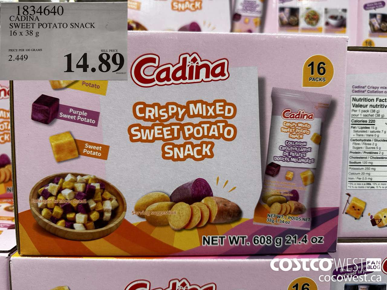 1834640 CADINA SWEET POTATO SNACK 16 X 38G $14.89