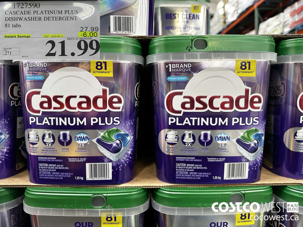 1727590 CASCADE PLATINUM PLUS DISHWASHER DETERGENT 81 TABS ($6.00 INSTANT SAVINGS EXPIRES ON 2024-09-15) $21.99