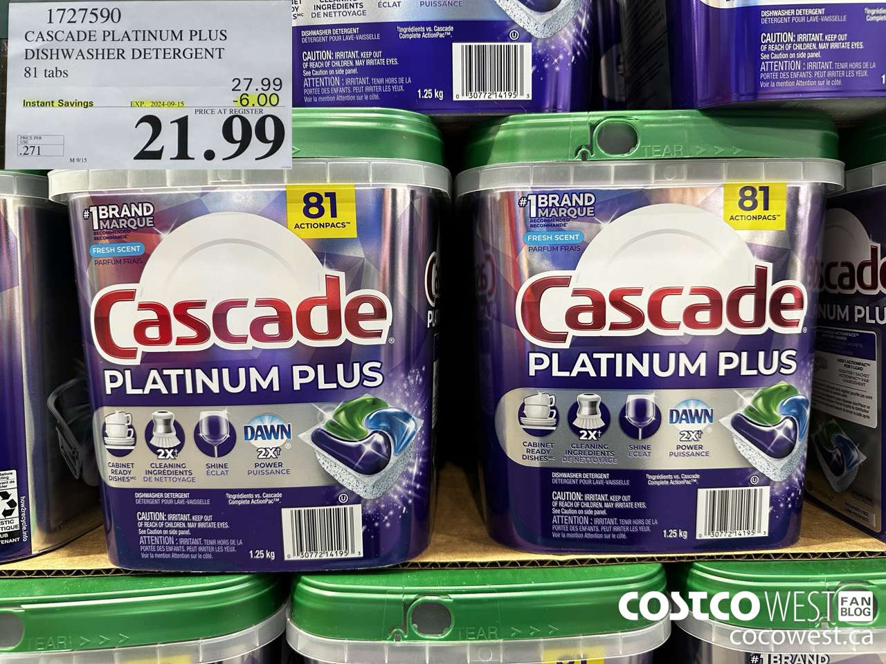 1727590 CASCADE PLATINUM PLUS DISHWASHER DETERGENT 81 TABS ($6.00 INSTANT SAVINGS EXPIRES ON 2024-09-15) $21.99