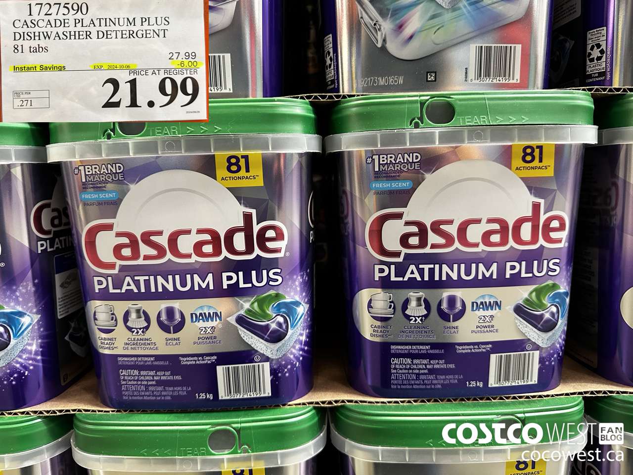 1727590 CASCADE PLATINUM PLUS DISHWASHER DETERGENT 81 TABS ($6.00 INSTANT SAVINGS EXPIRES ON 2024-10-06) $21.99