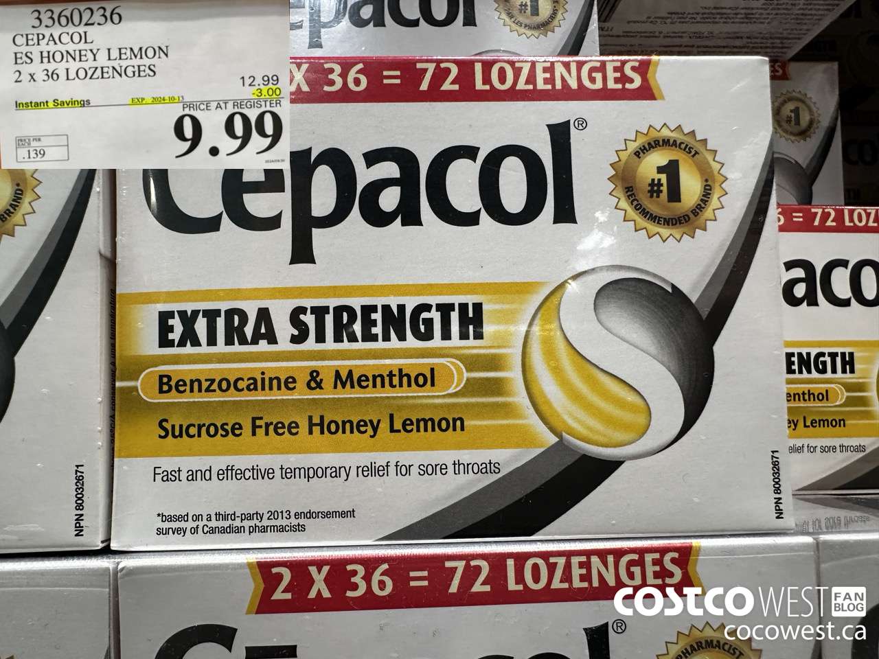 3360236 CEPACOL ES HONEY LEMON 2 X 36 LOZANGES ($3.00 INSTANT SAVINGS EXPIRES ON 2024-10-13) $9.99