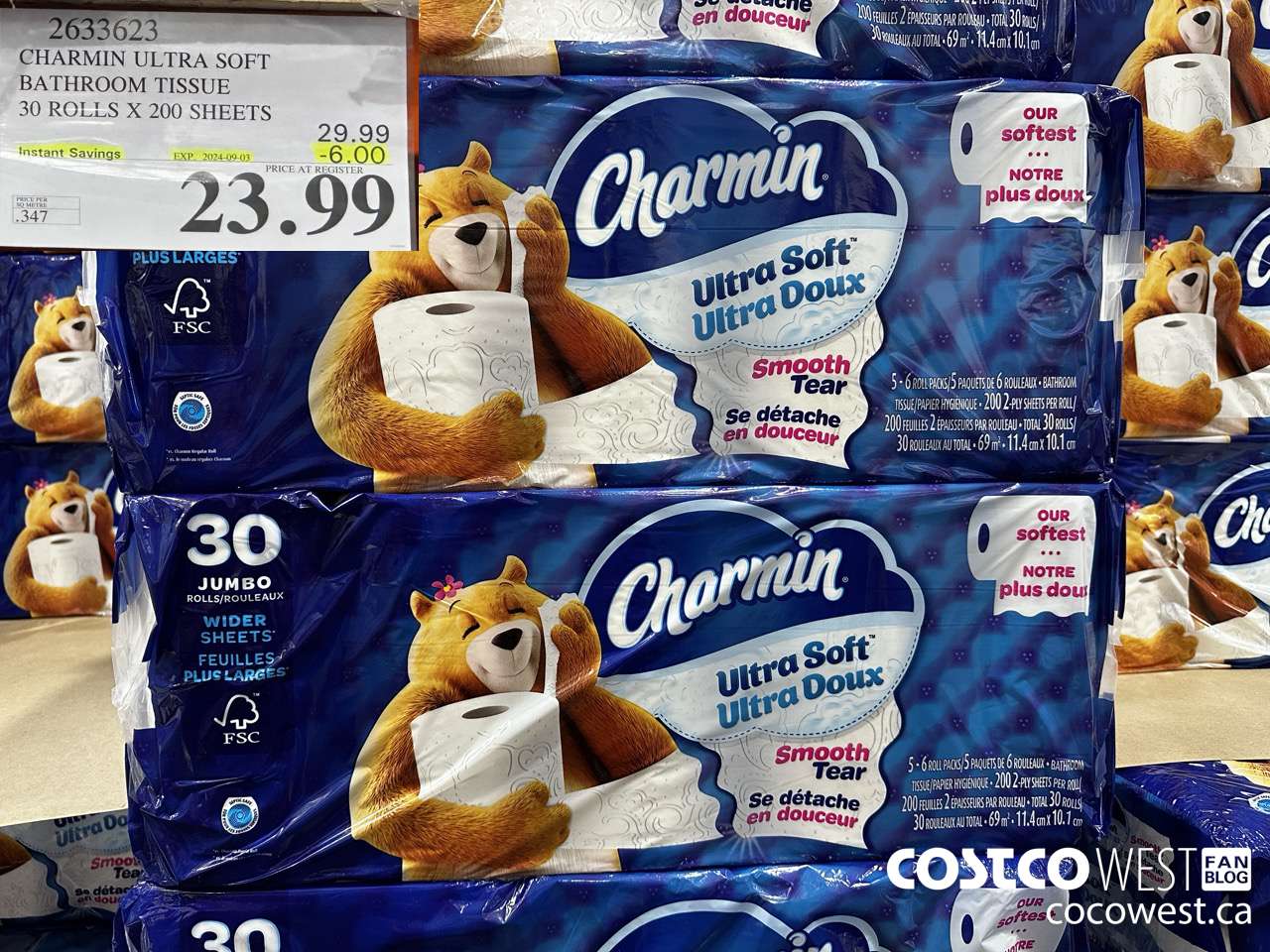 2633623 CHARMIN ULTRA SOFT BATHROOM TISSUE 30 ROLLS X 200 SHEETS ($6.00 INSTANT SAVINGS EXPIRES ON 2024-09-03) $23.99