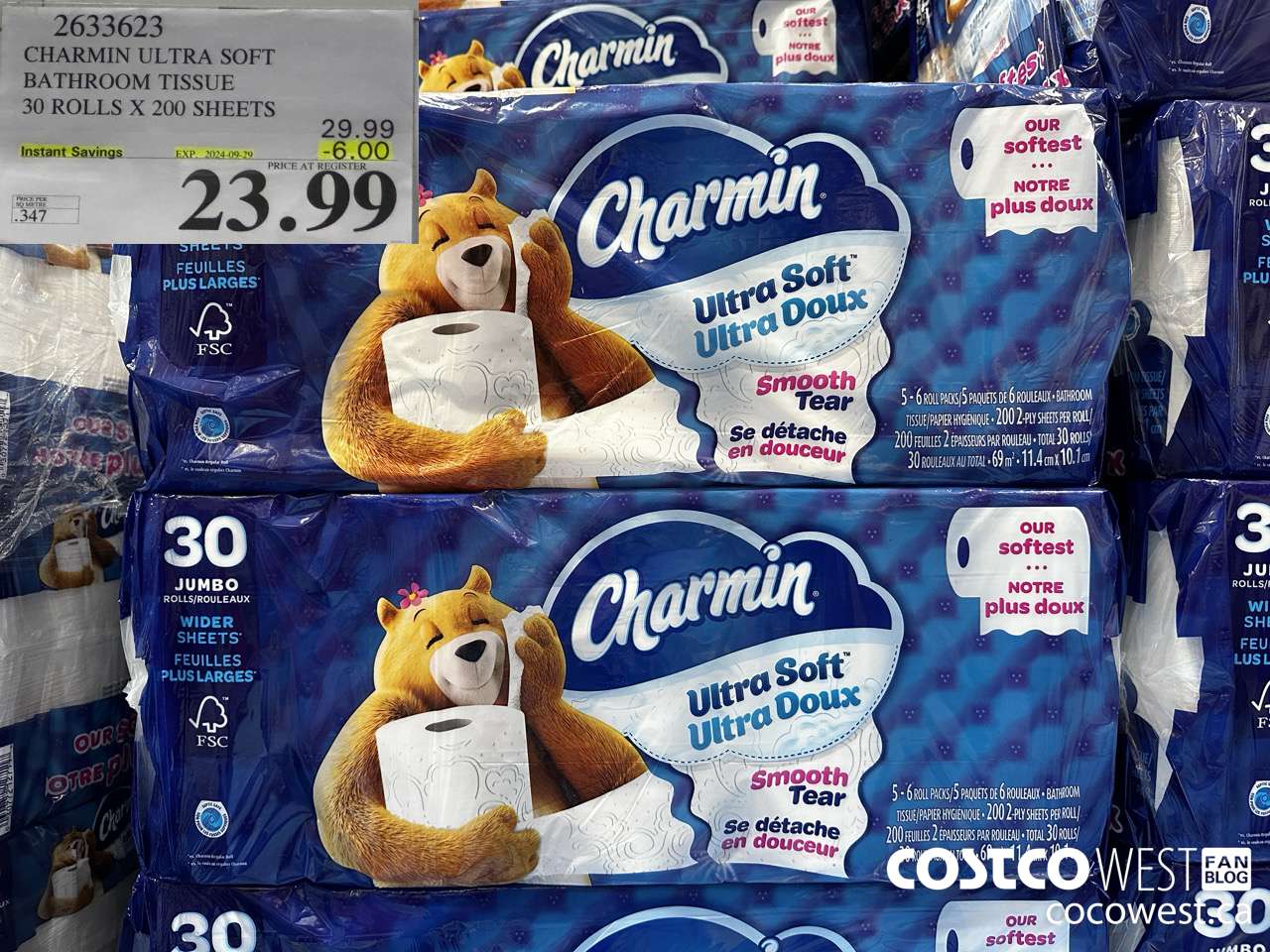 2633623 CHARMIN ULTRA SOFT BATHROOM TISSUE 30 ROLLS X 200 SHEETS ($6.00 INSTANT SAVINGS EXPIRES ON 2024-09-29) $23.99